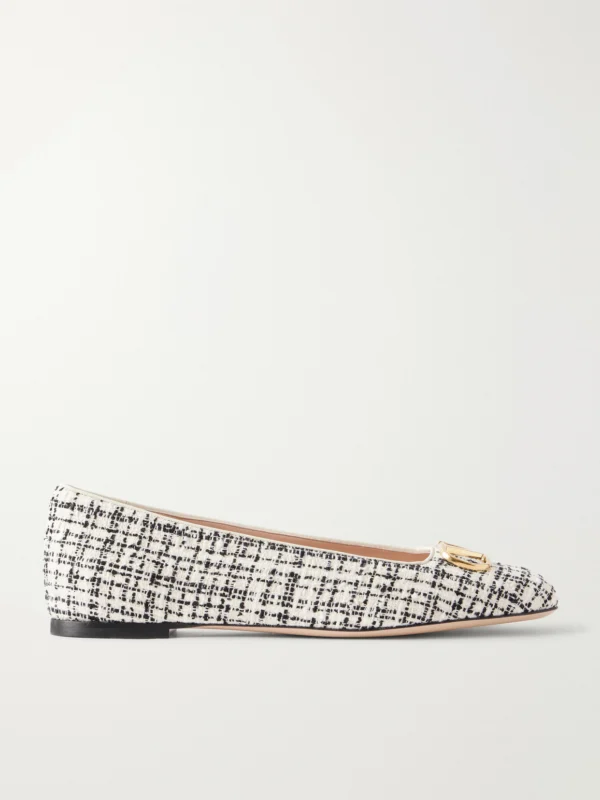 Valentino Garavani Vlogo Checked Leather-trimmed Bouclé Ballet Flats