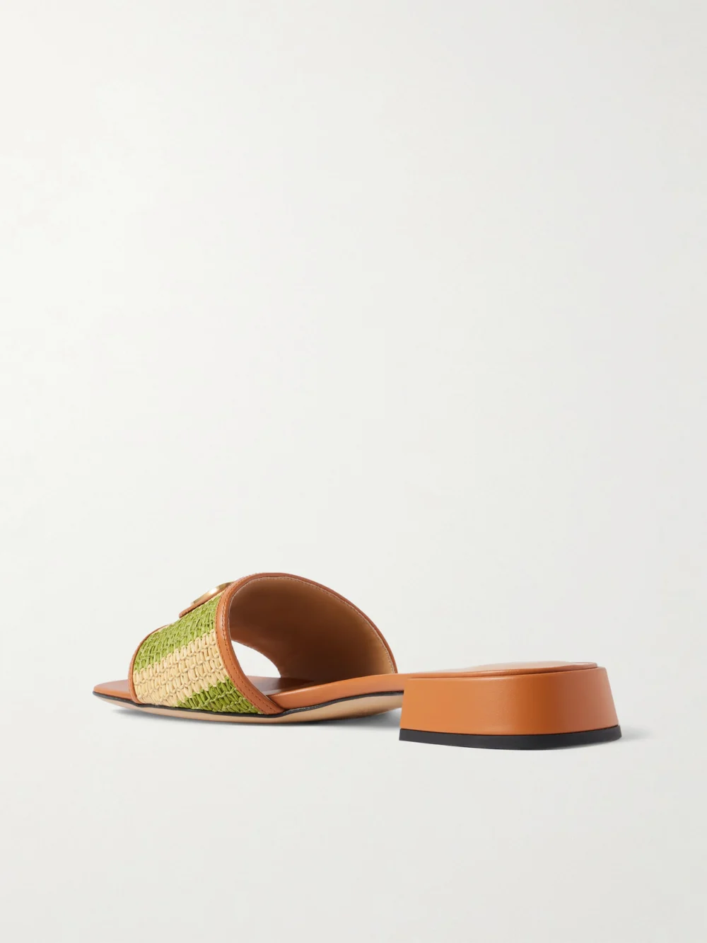 Back view of the Valentino Garavani Vlogo Embellished Leather-trimmed Striped Raffia Slides
