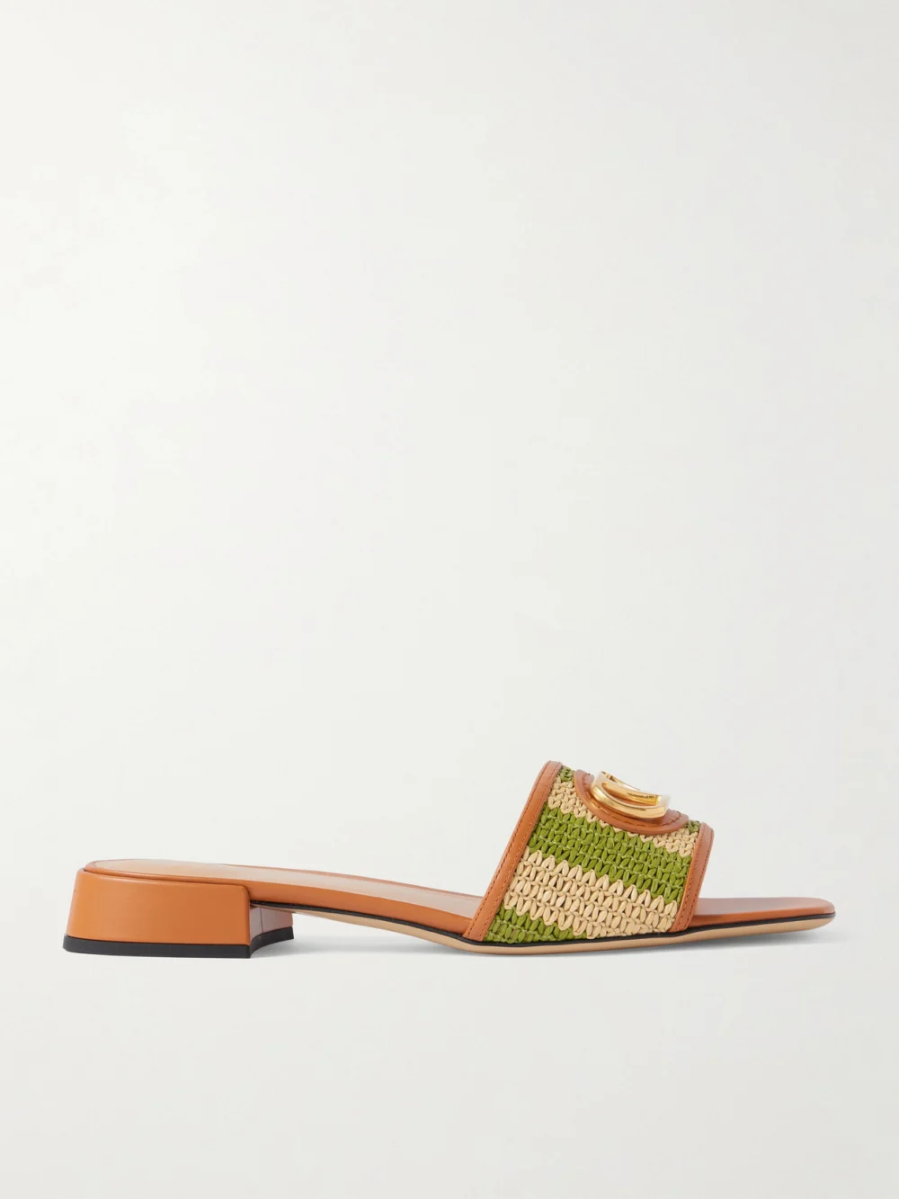 Valentino Garavani Vlogo Embellished Leather-trimmed Striped Raffia Slides in green