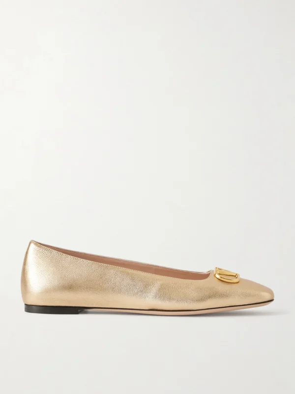 Valentino Garavani Vlogo Embellished Metallic Leather Ballet Flats