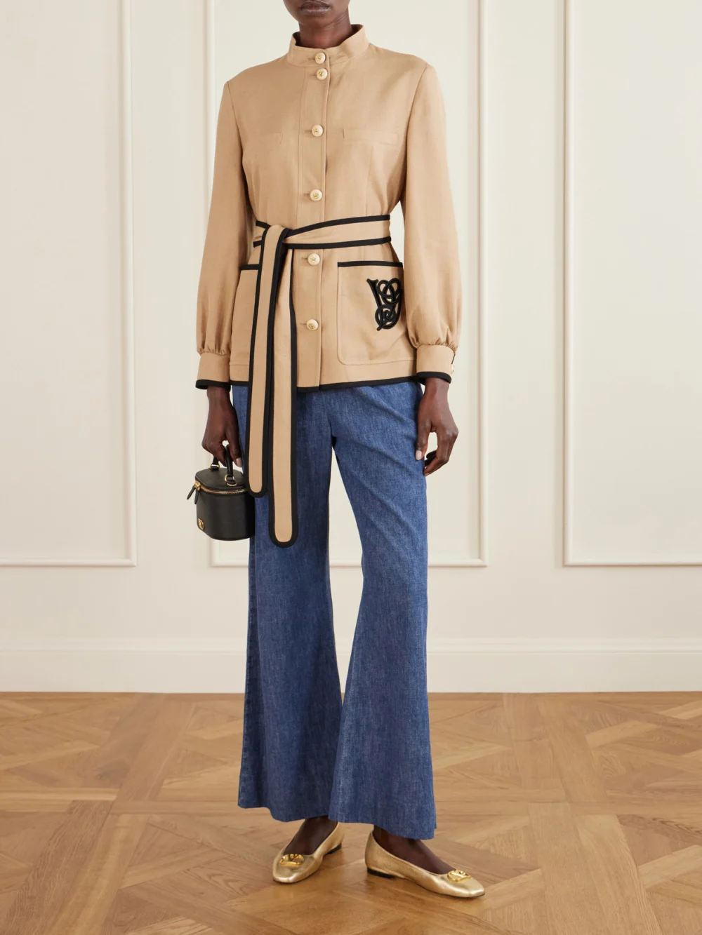 Valentino Garavani Vlogo Embellished Metallic Leather Ballet Flats, styled view