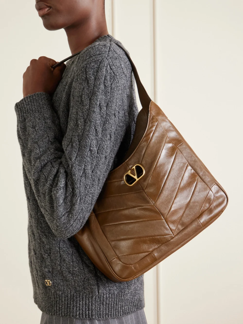 Valentino Garavani Vlogo-embellished Patchwork Leather Shoulder Bag, styled view