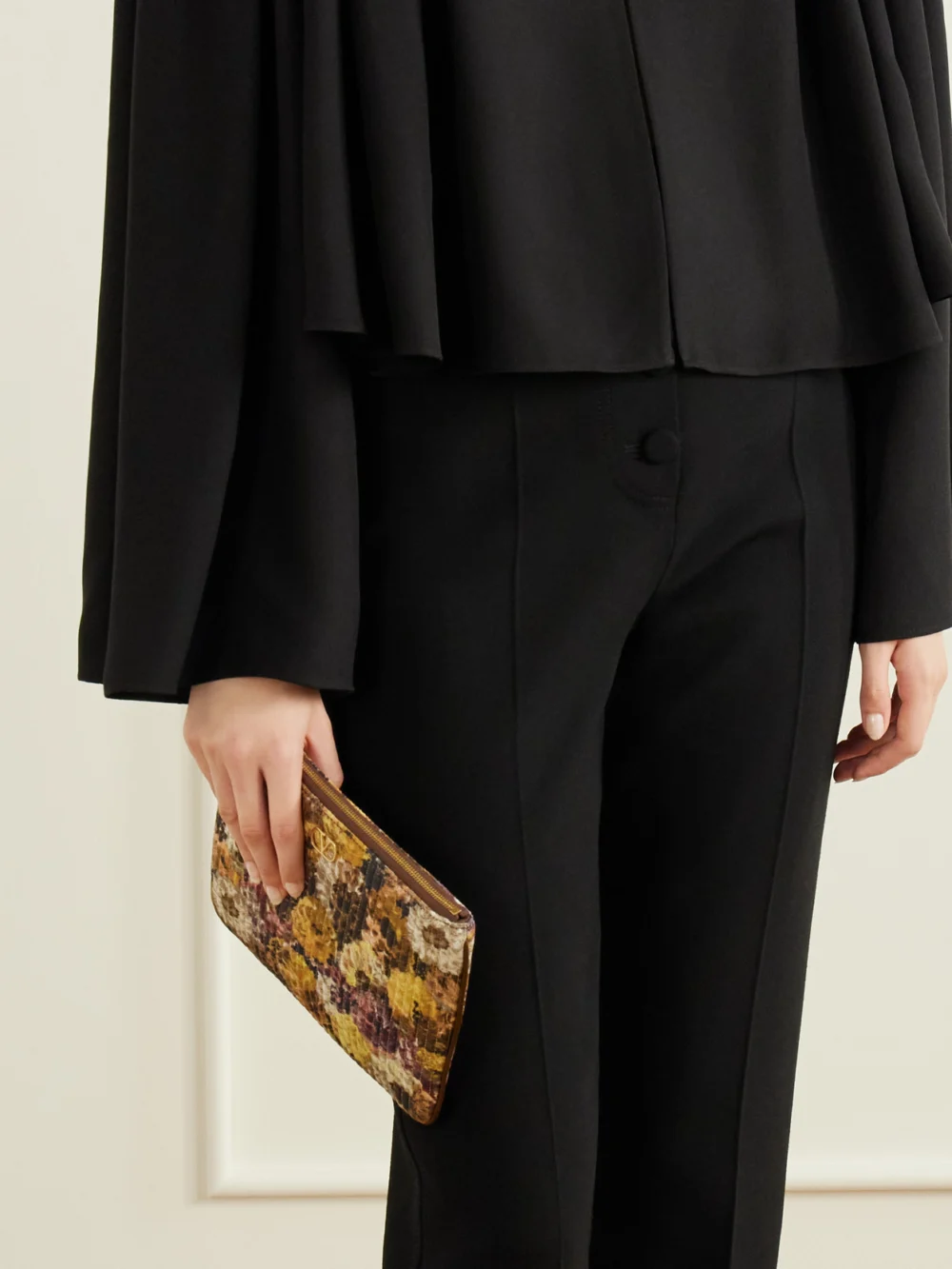 Valentino Garavani Vlogo Floral-print Moire Clutch, styled view
