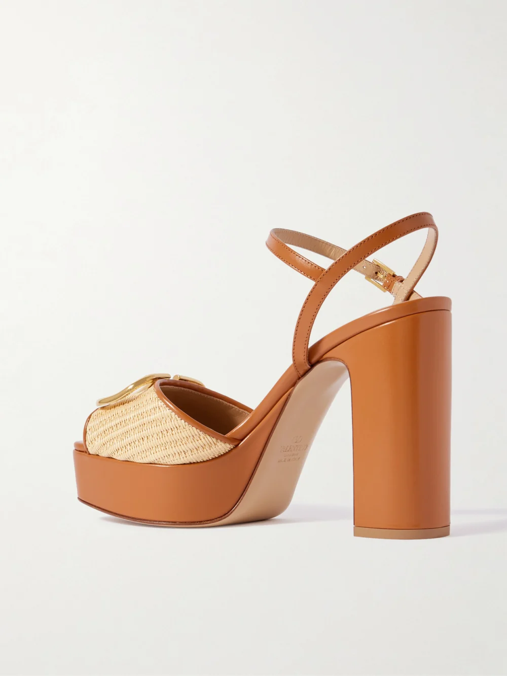 Back view of the Valentino Garavani Vlogo Signature 115 Leather-trimmed Raffia Platform Sandals