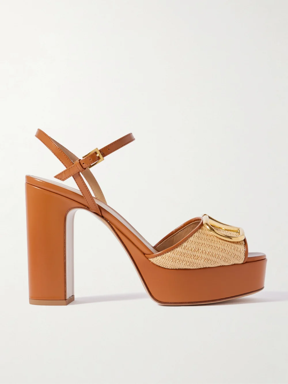 Valentino Garavani Vlogo Signature 115 Leather-trimmed Raffia Platform Sandals in tan