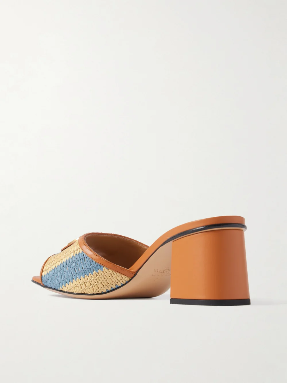 Back view of the Valentino Garavani Vlogo Signature 60 Leather-trimmed Striped Raffia Mules