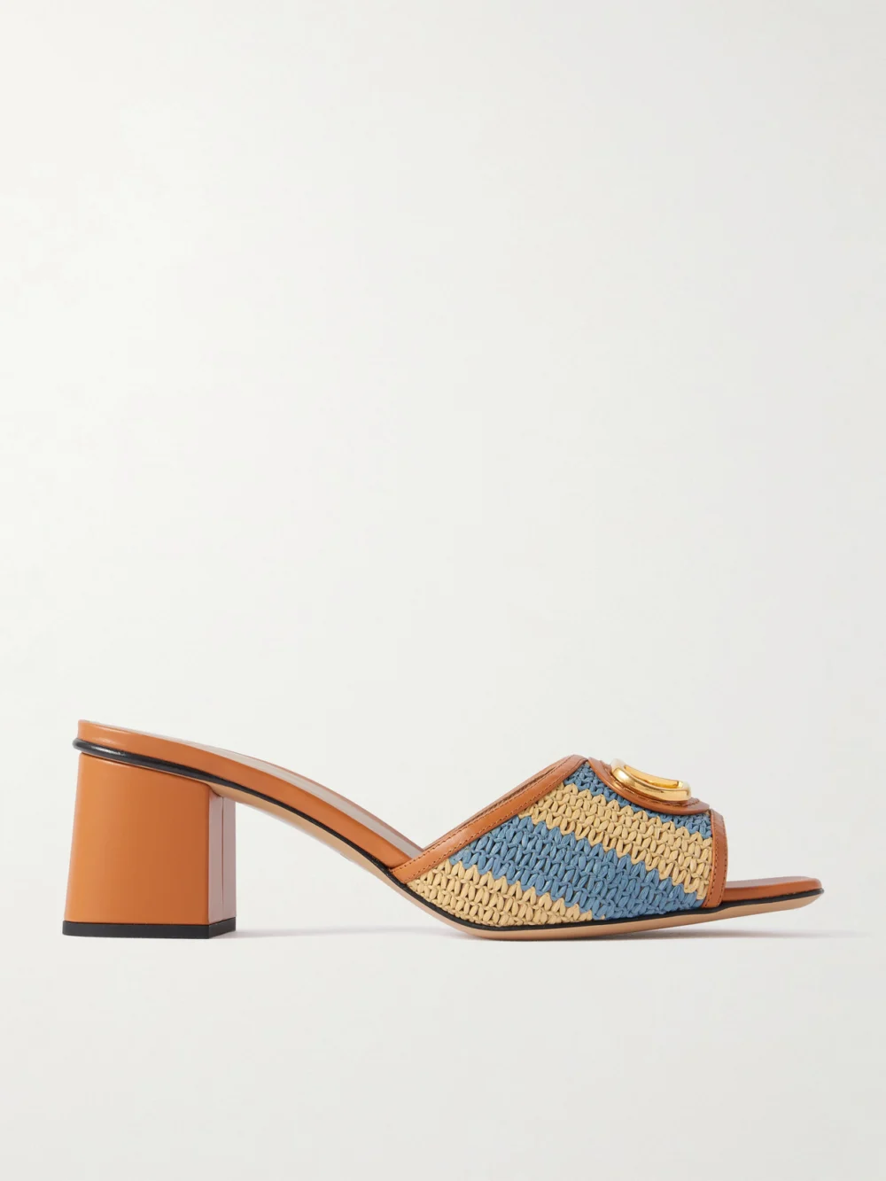 Valentino Garavani Vlogo Signature 60 Leather-trimmed Striped Raffia Mules in blue