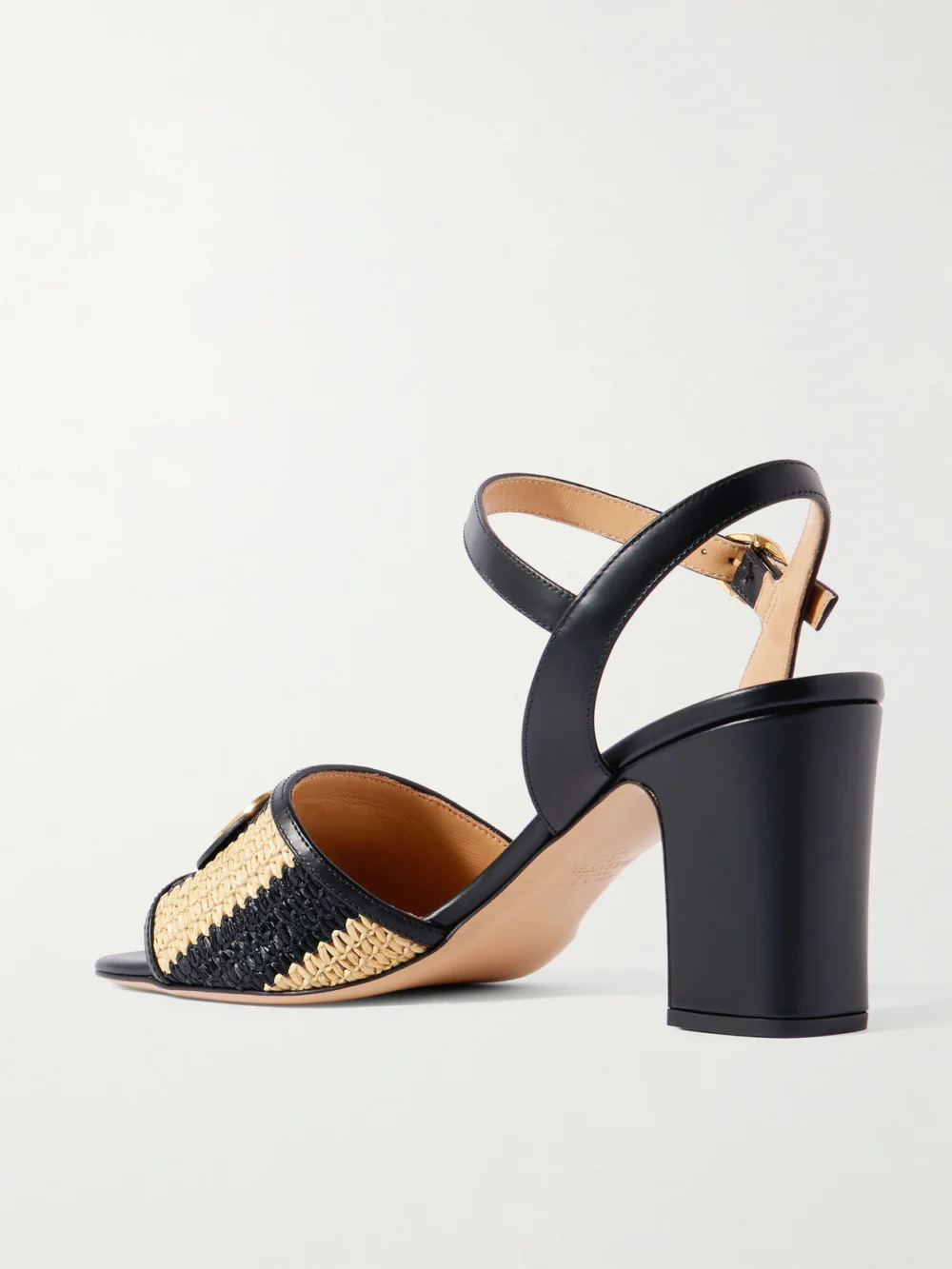 Back view of the Valentino Garavani Vlogo Signature 75 Embellished Leather-trimmed Striped Raffia Sandals