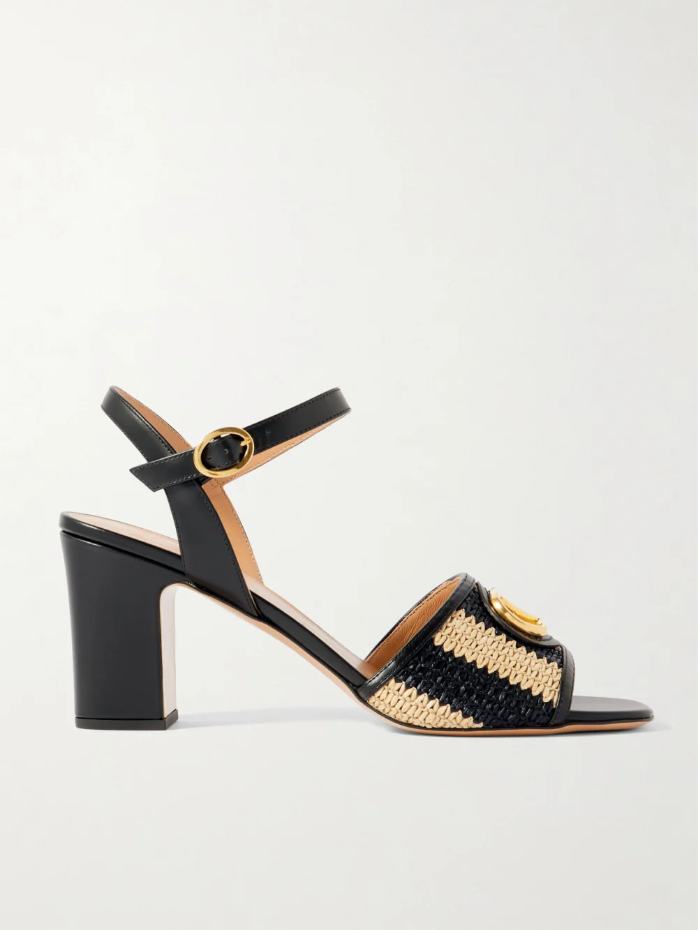 Valentino Garavani Vlogo Signature 75 Embellished Leather-trimmed Striped Raffia Sandals in black
