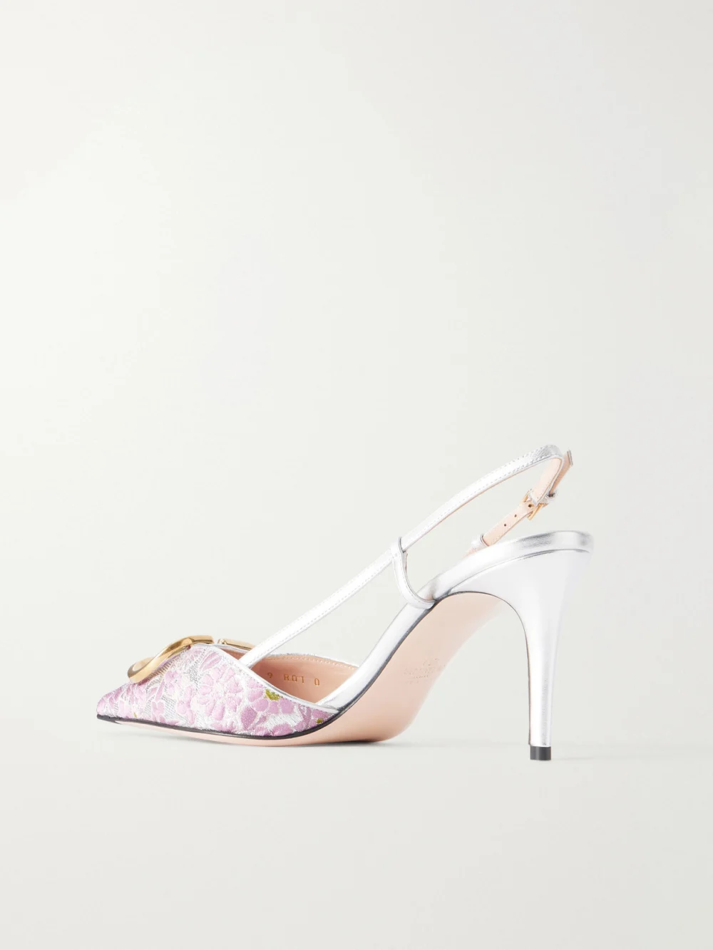 Back view of the Valentino Garavani Vlogo Signature 80 Leather-trimmed Metallic Floral-jacquard Pumps