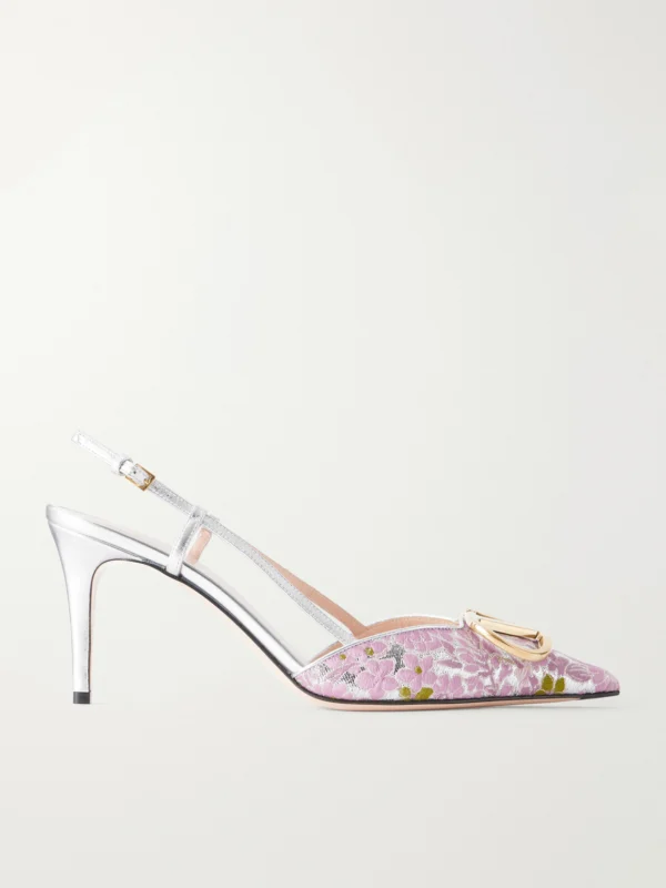 Valentino Garavani Vlogo Signature 80 Leather-trimmed Metallic Floral-jacquard Pumps