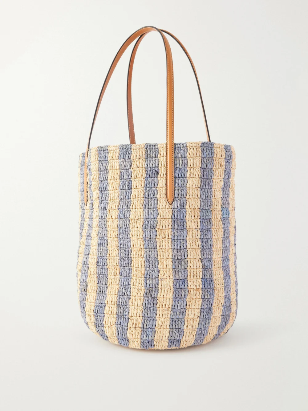 Back view of the Valentino Garavani Vlogo Signature Small Embellished Leather-trimmed Striped Raffia Bucket Bag