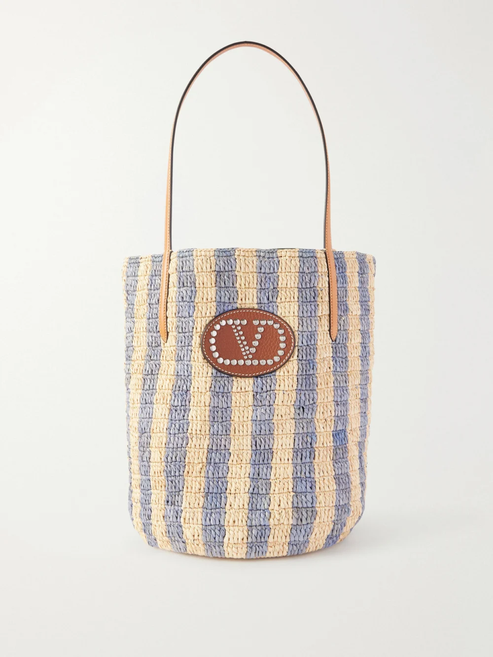 Valentino Garavani Vlogo Signature Small Embellished Leather-trimmed Striped Raffia Bucket Bag in light blue