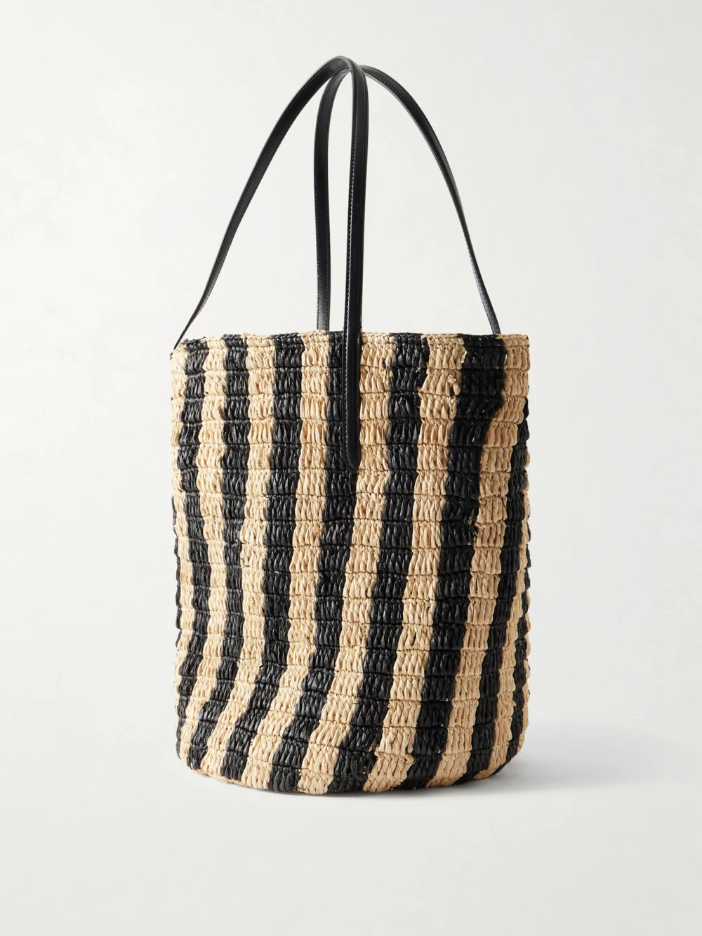 Back view of the Valentino Garavani Vlogo Signature Small Leather-trimmed Striped Raffia Bucket Bag