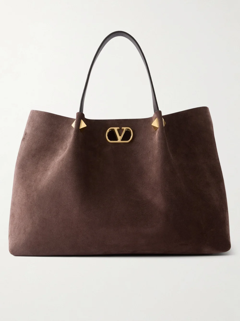 Valentino Garavani Vlogo Signature Studded Suede Tote in chocolate