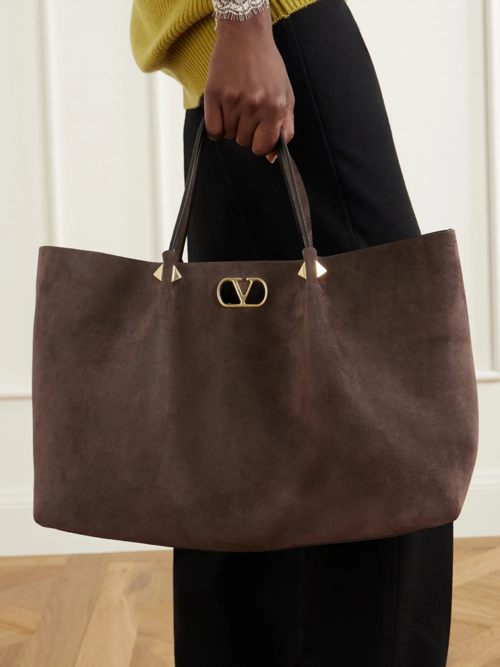 Valentino Garavani Vlogo Signature Studded Suede Tote, styled view