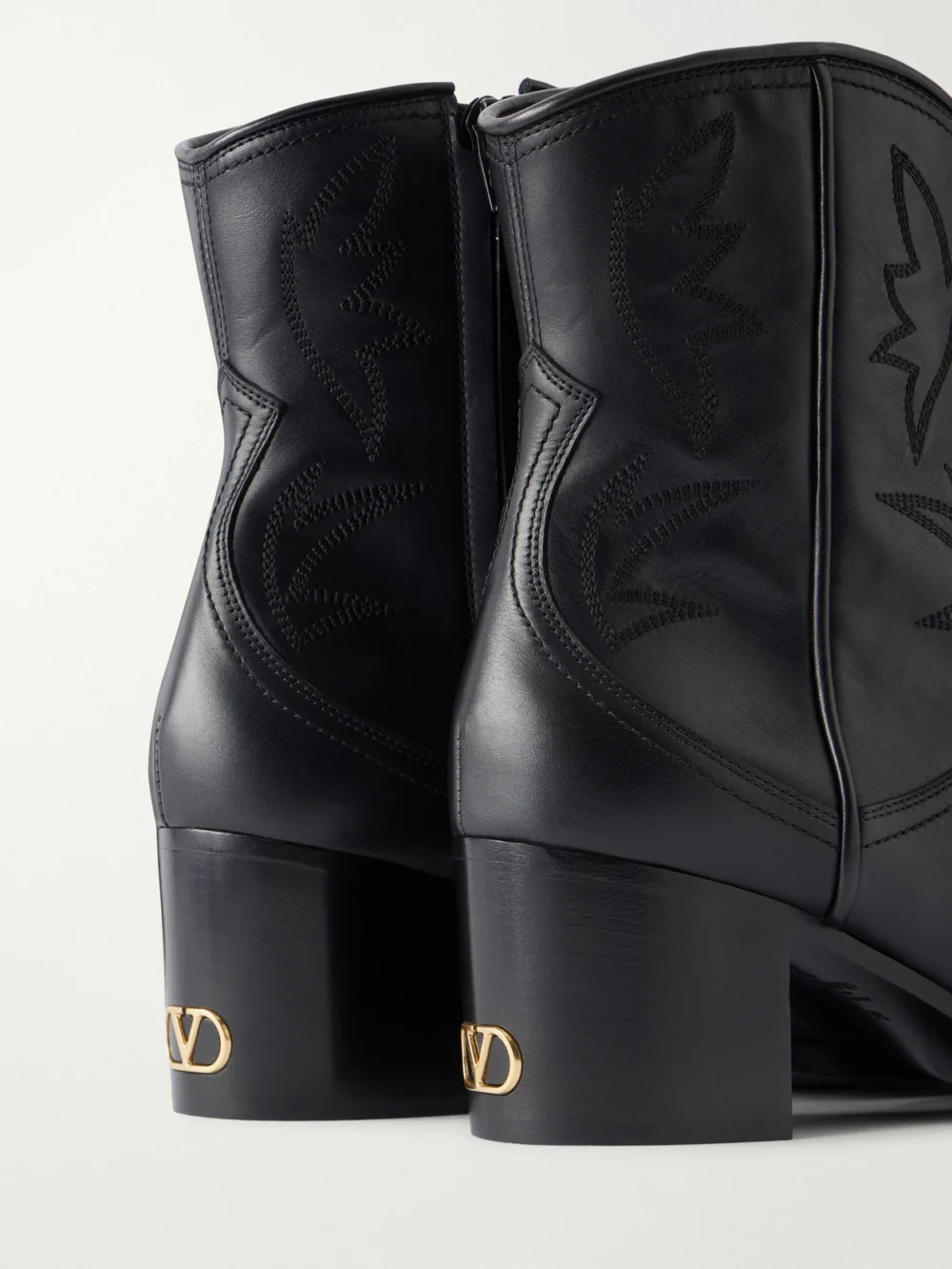 Close-up detail of the Valentino Garavani Zimmy 40 Embroidered Leather Ankle Boots