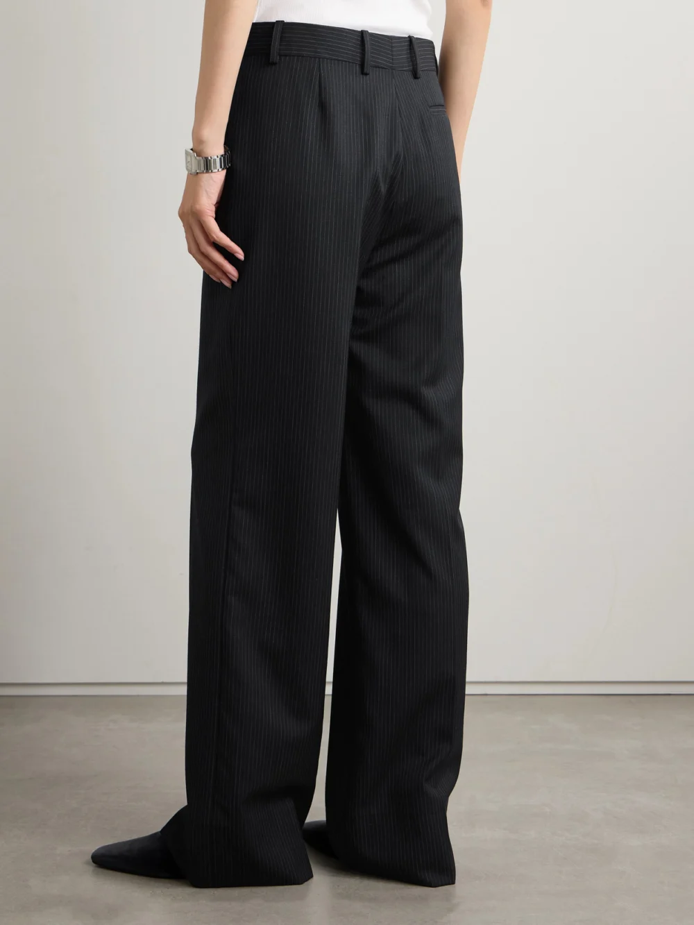 Back view of the Veronica de Piante Anya Pinstriped Wool Wide-leg Pants