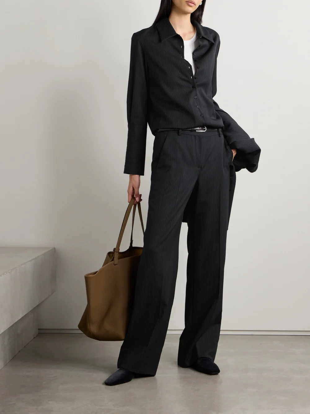 Veronica de Piante Anya Pinstriped Wool Wide-leg Pants, worn by a model