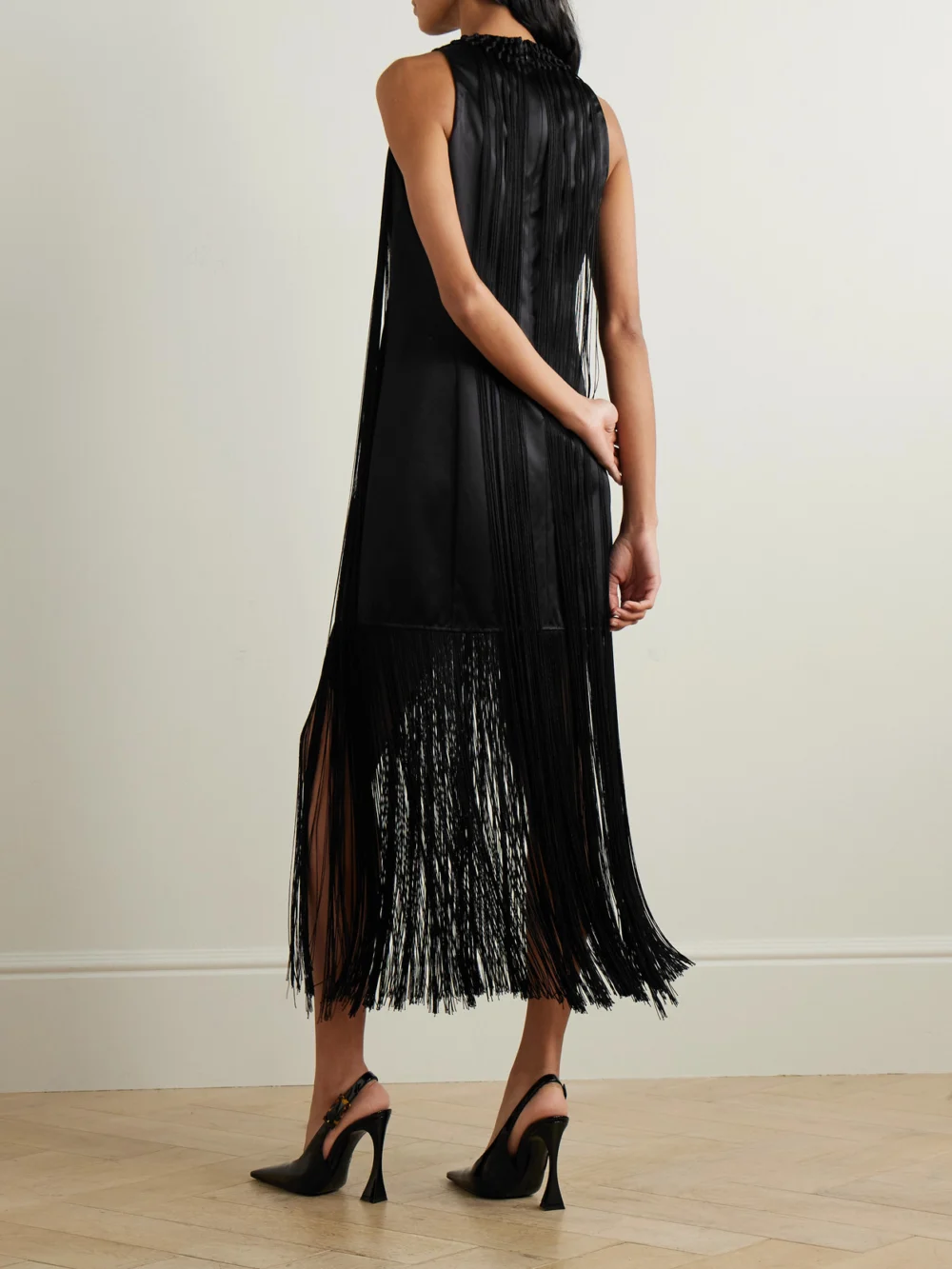 Back view of the Veronica de Piante Celeste Fringed Duchesse Silk-satin Mini Dress