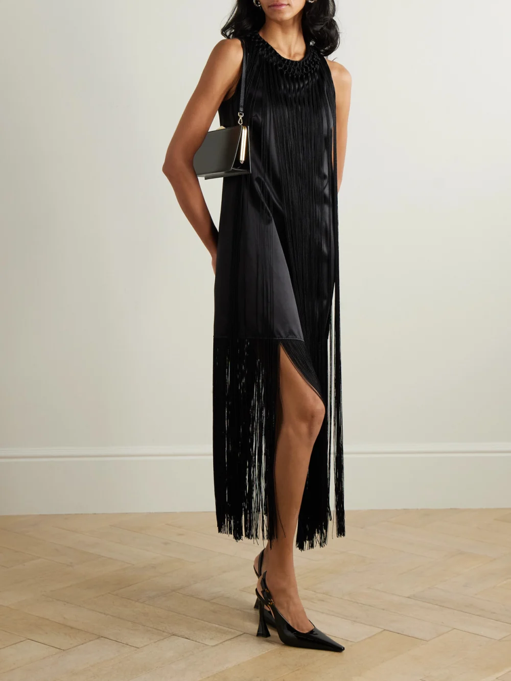 Veronica de Piante Celeste Fringed Duchesse Silk-satin Mini Dress, worn by a model