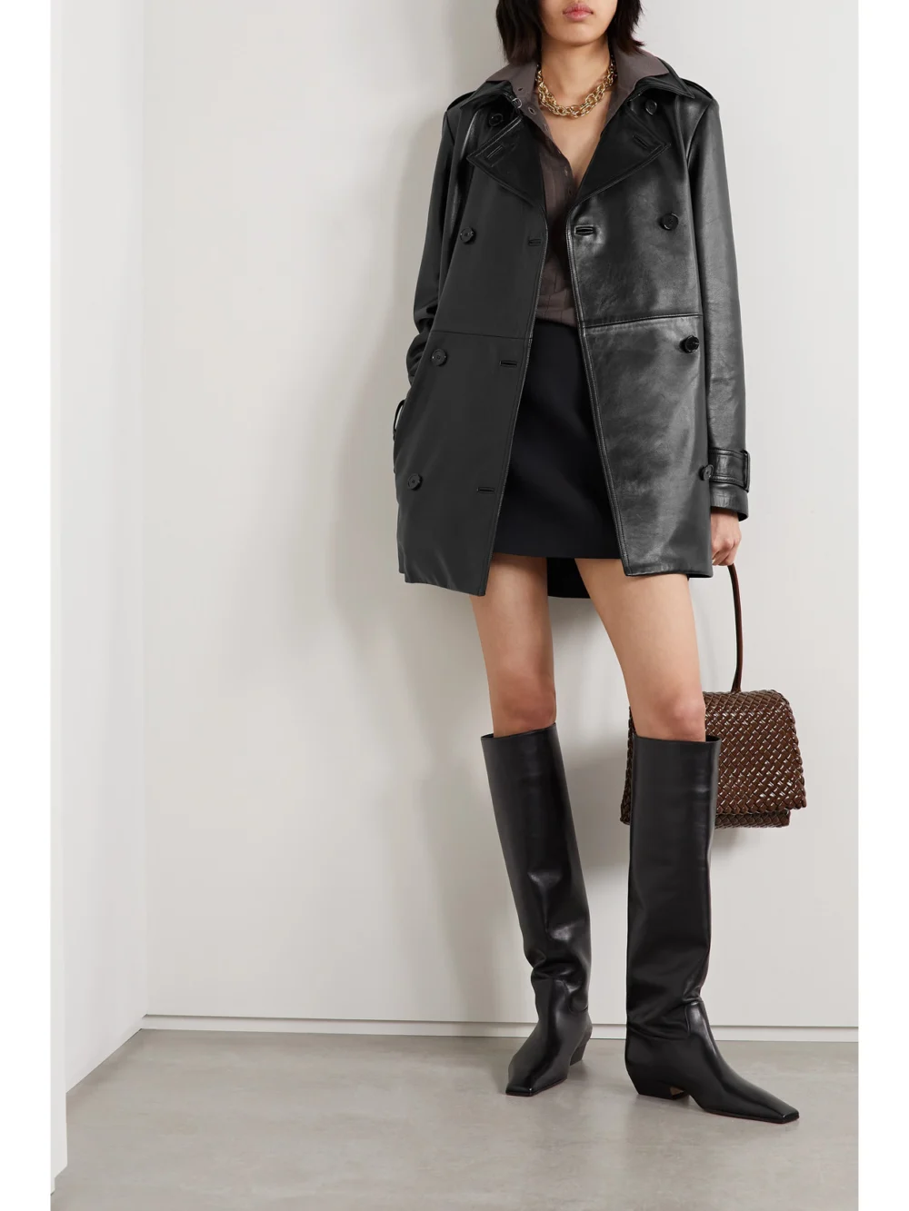 Veronica de Piante Charlotte Double-breasted Leather Trench Coat, worn by a model
