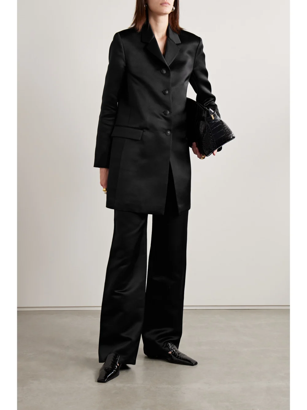 Veronica de Piante Lou Duchesse Silk-satin Coat, worn by a model