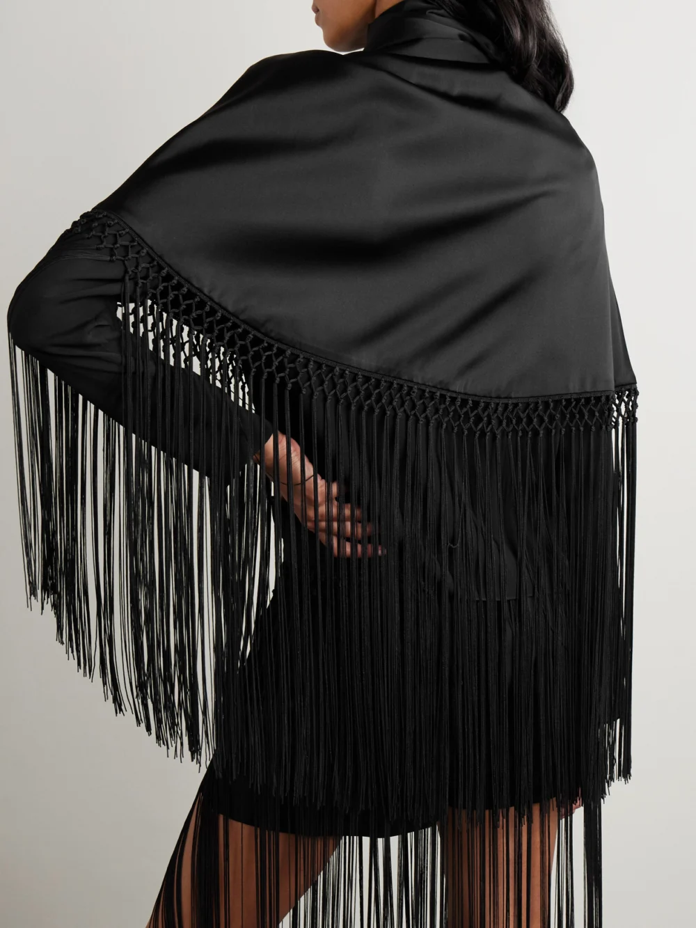 Back view of the Veronica de Piante Lydia Cropped Fringed Silk-charmeuse Cape