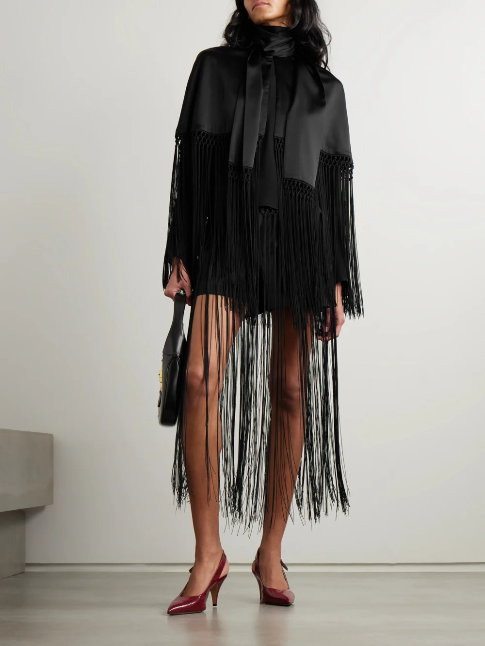 Veronica de Piante Lydia Cropped Fringed Silk-charmeuse Cape, worn by a model