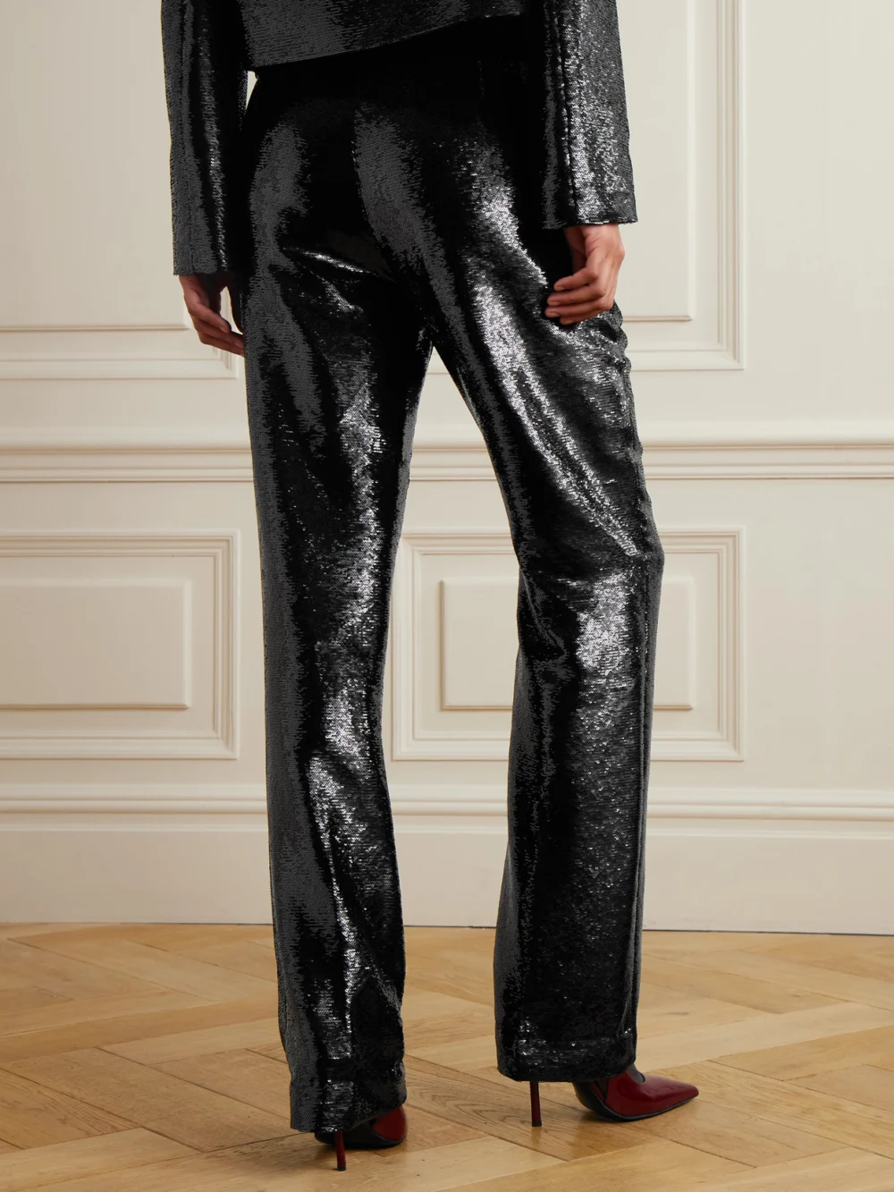 Back view of the Veronica de Piante Mick Sequined Crepe Straight-leg Pants