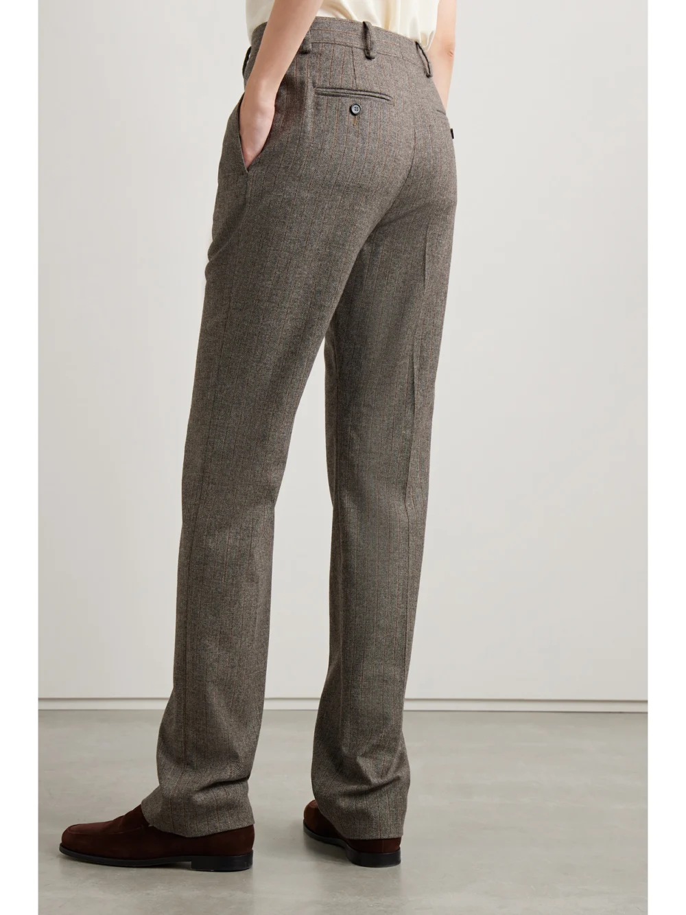 Back view of the Veronica de Piante Riley Herringbone Pinstriped Wool and Cashmere-blend Wide-leg Pants