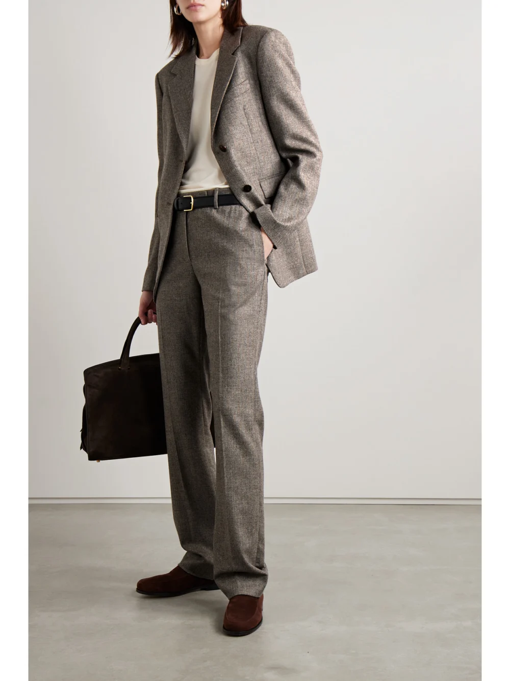 Veronica de Piante Riley Herringbone Pinstriped Wool and Cashmere-blend Wide-leg Pants, worn by a model