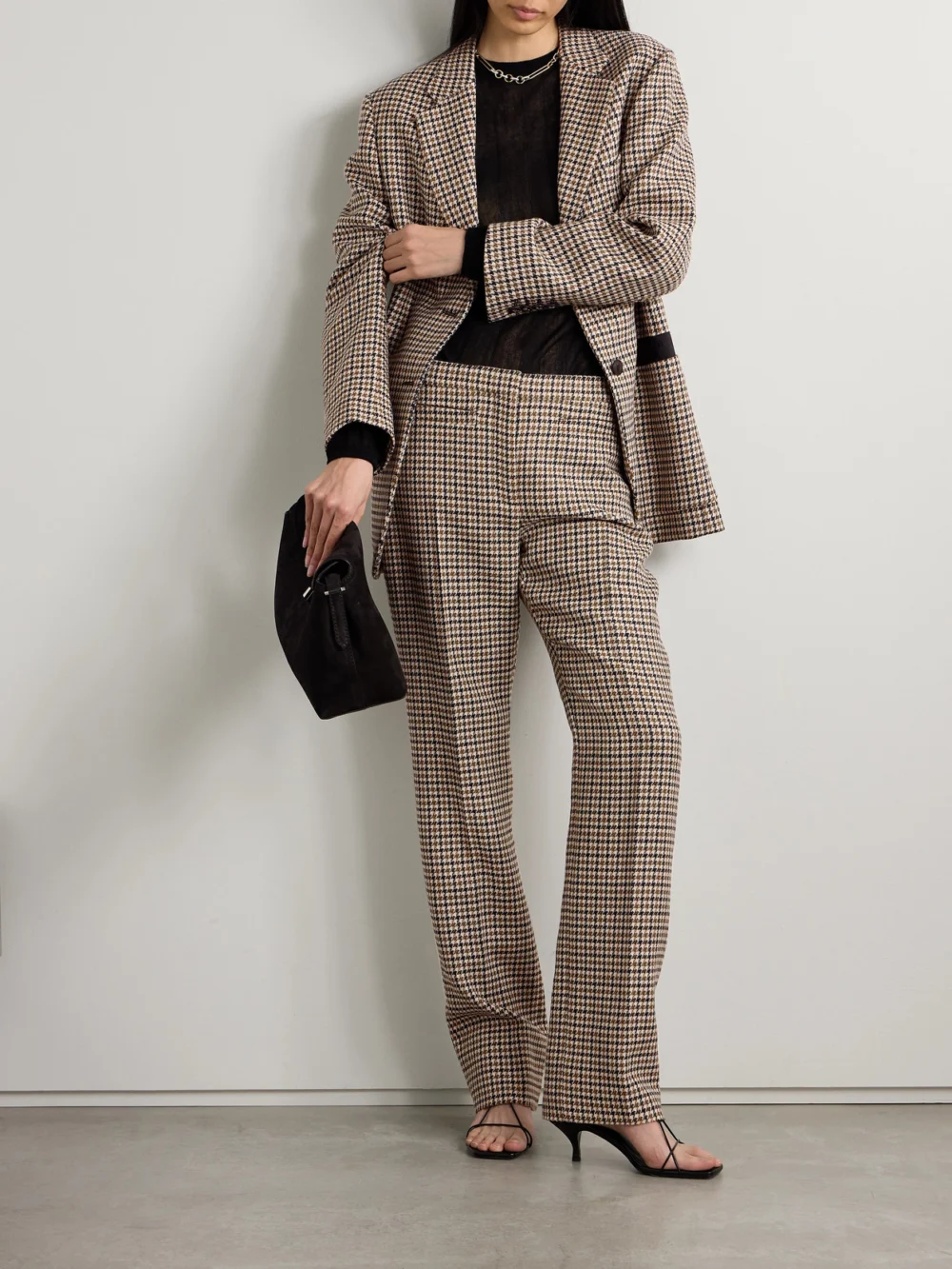 Veronica de Piante Riley Houndstooth Wool Straight-leg Pants, worn by a model