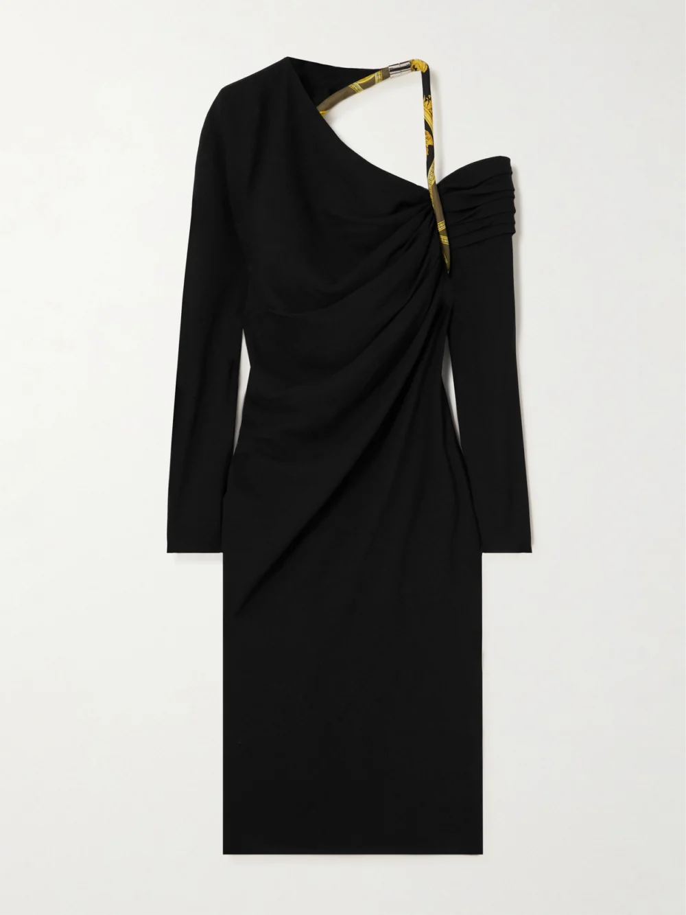 Versace Asymmetric Open-back Draped Printed Silk Twill-trimmed Cady Midi Dress in black