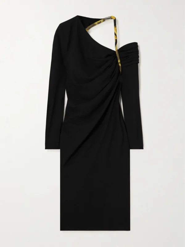 Versace Asymmetric Open-back Draped Printed Silk Twill-trimmed Cady Midi Dress