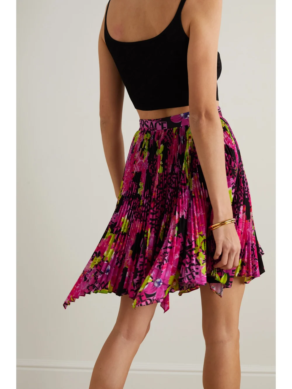 Back view of the Versace Asymmetric Printed Plissé-crepe De Chine Mini Skirt