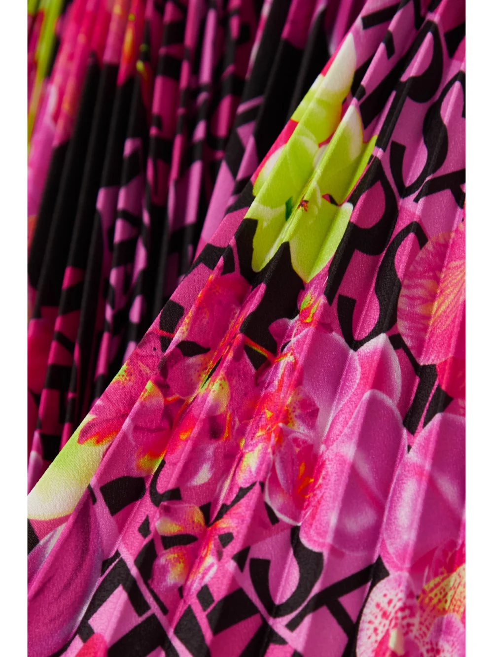 Close-up detail of the Versace Asymmetric Printed Plissé-crepe De Chine Mini Skirt