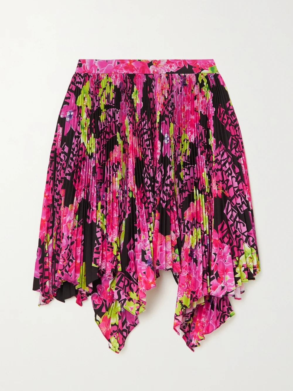 Versace Asymmetric Printed Plissé-crepe De Chine Mini Skirt in pink