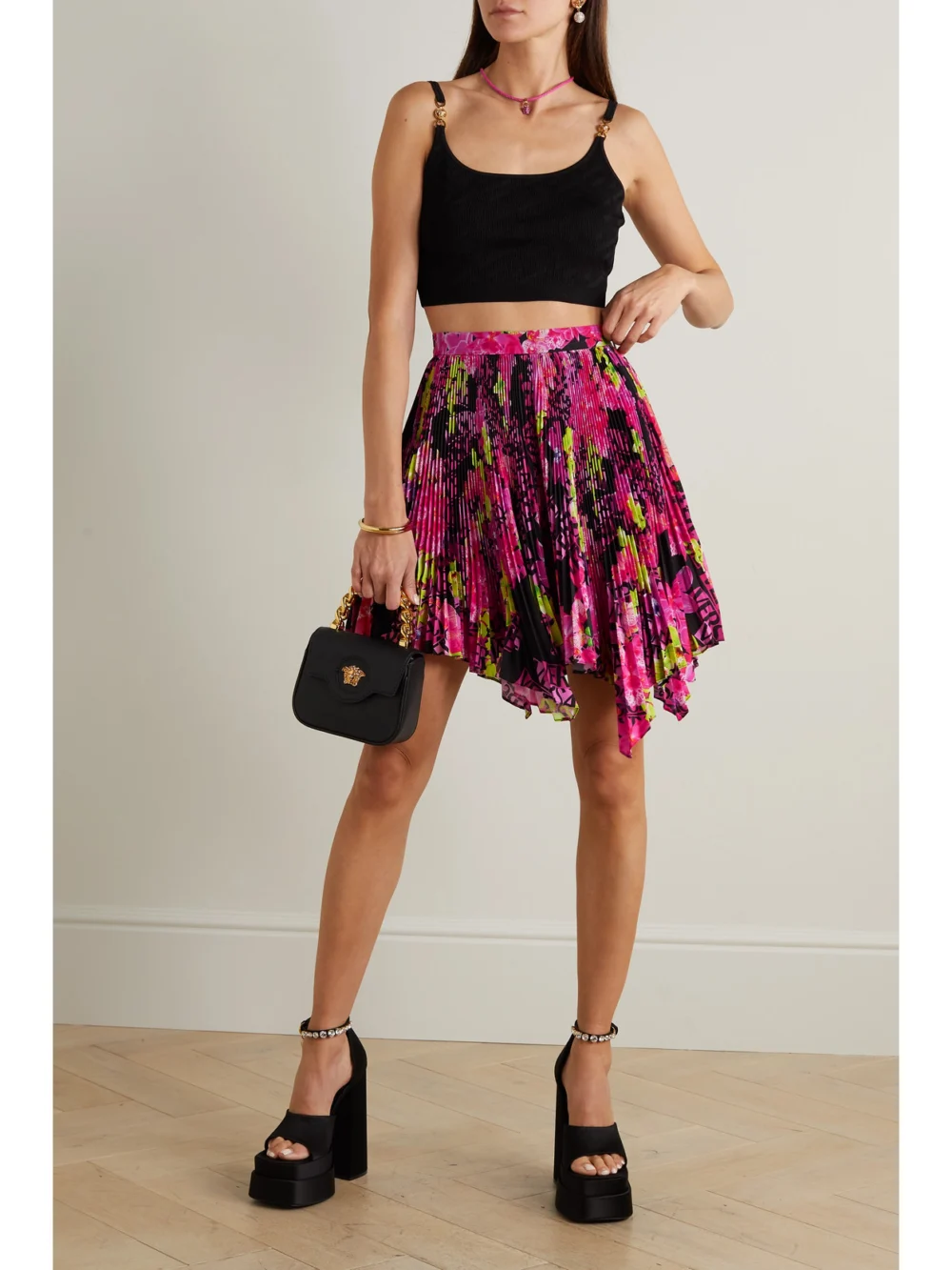 Versace Asymmetric Printed Plissé-crepe De Chine Mini Skirt, worn by a model
