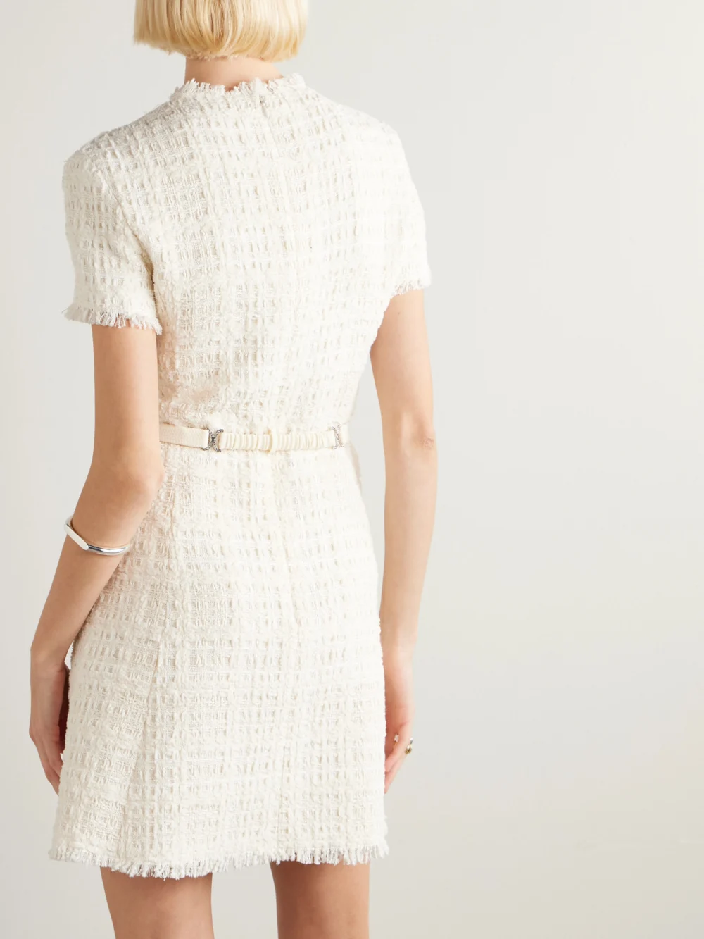 Back view of the Versace Belted Metallic Cotton-blend Tweed Mini Dress