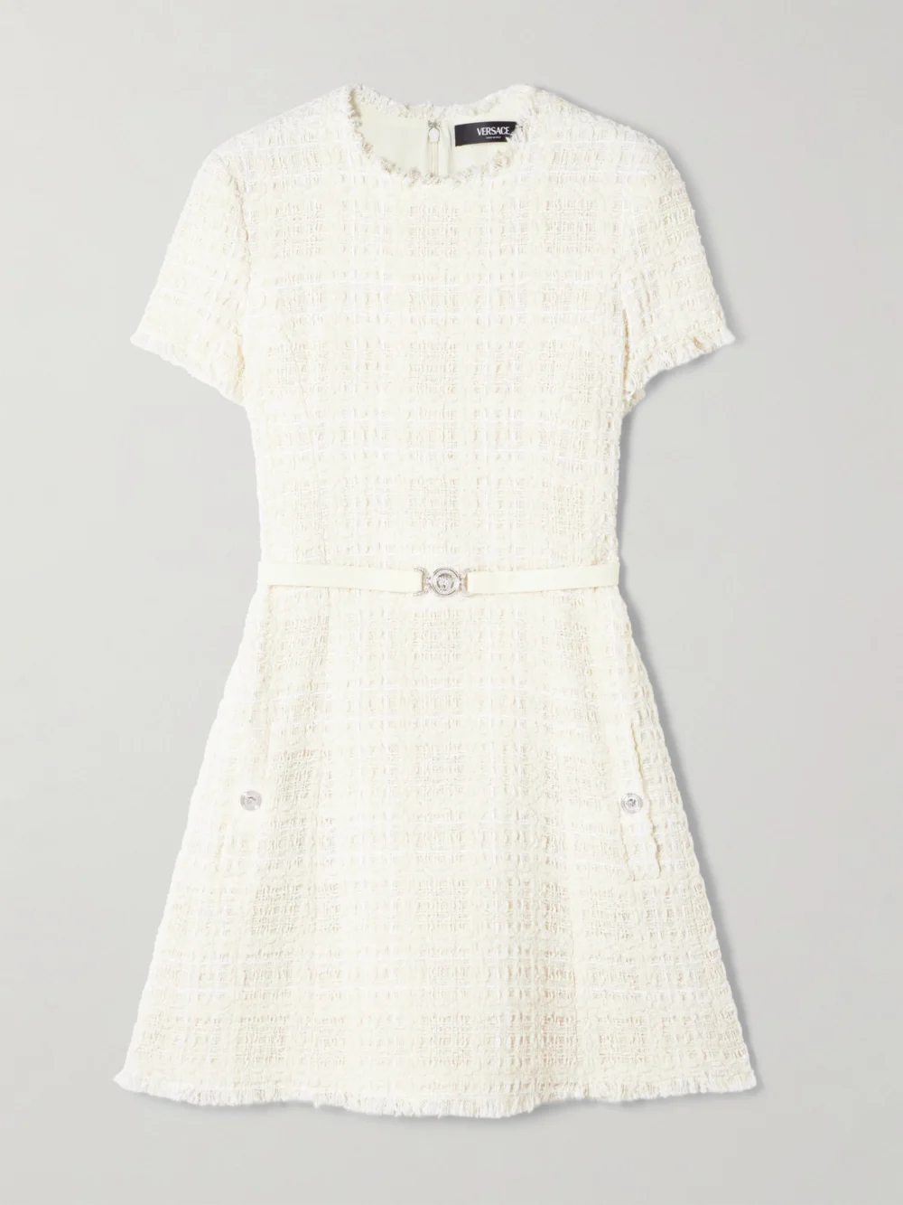 Versace Belted Metallic Cotton-blend Tweed Mini Dress in white