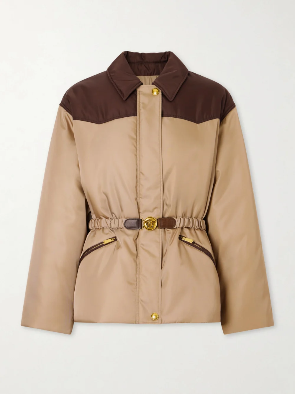Versace Belted Padded Shell Jacket in beige