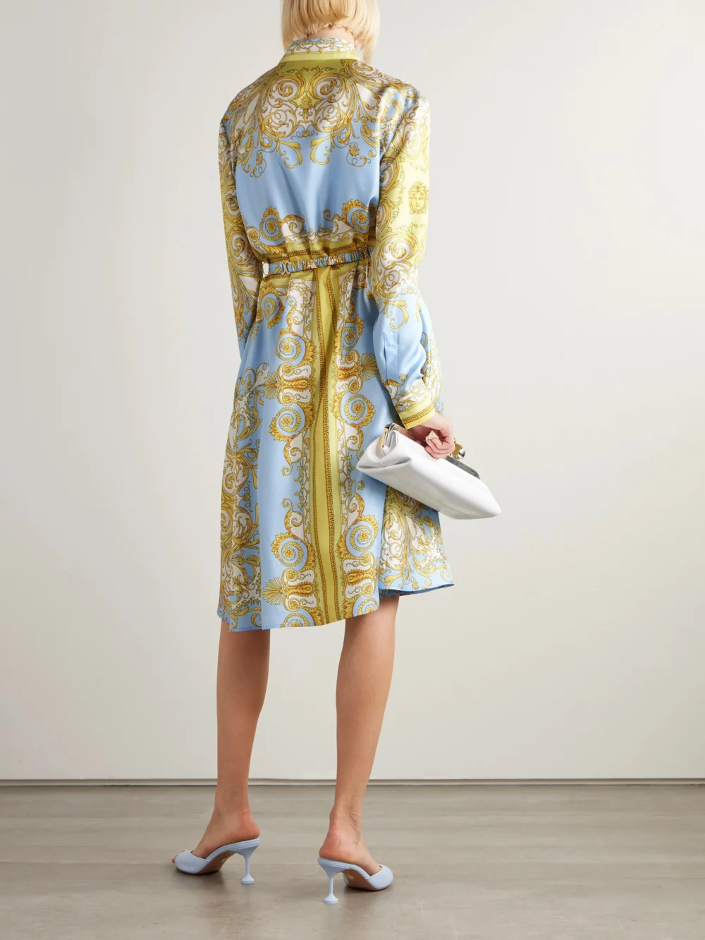 Back view of the Versace Belted Printed Silk-twill Dress