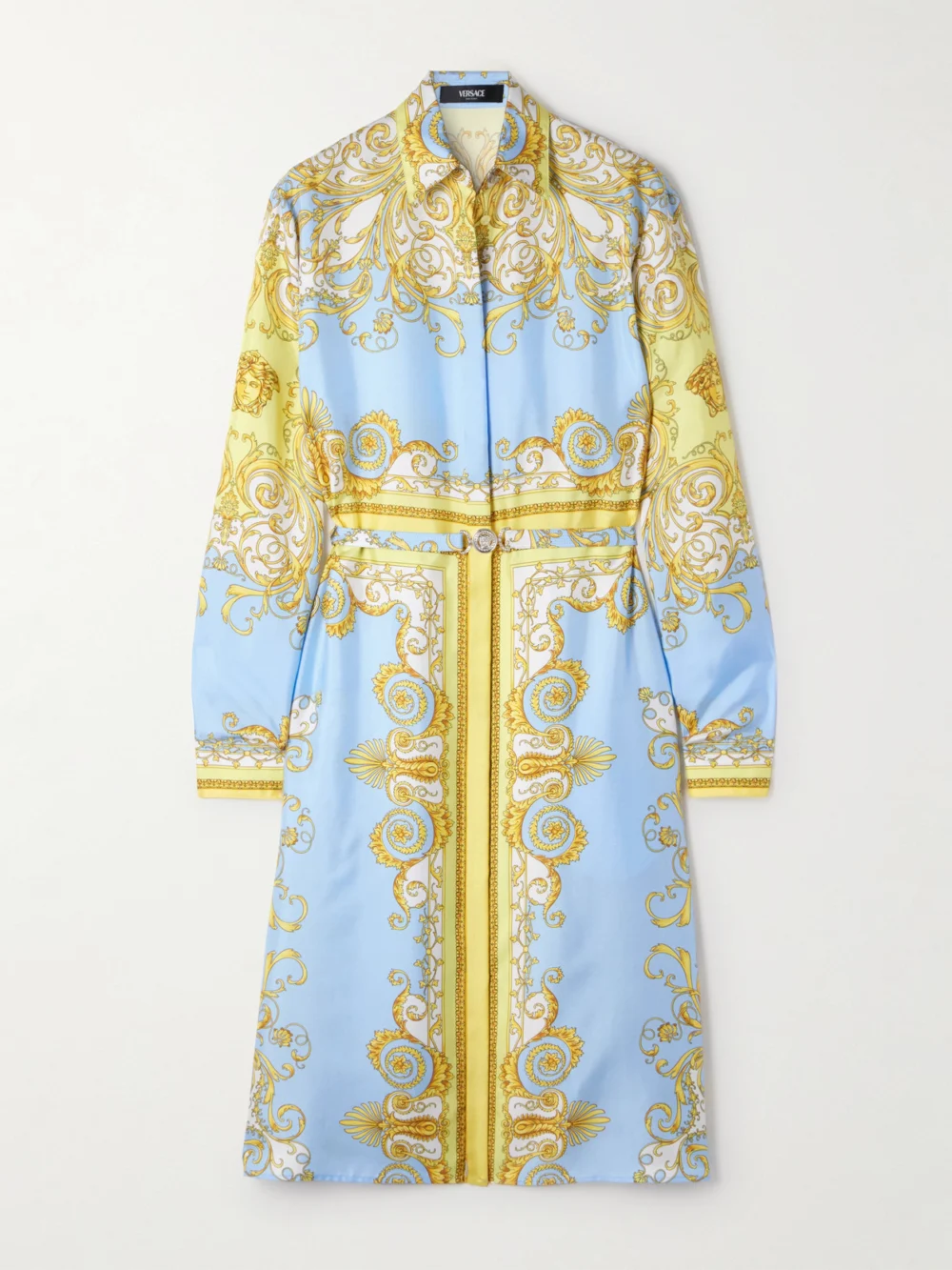 Versace Belted Printed Silk-twill Dress in light blue