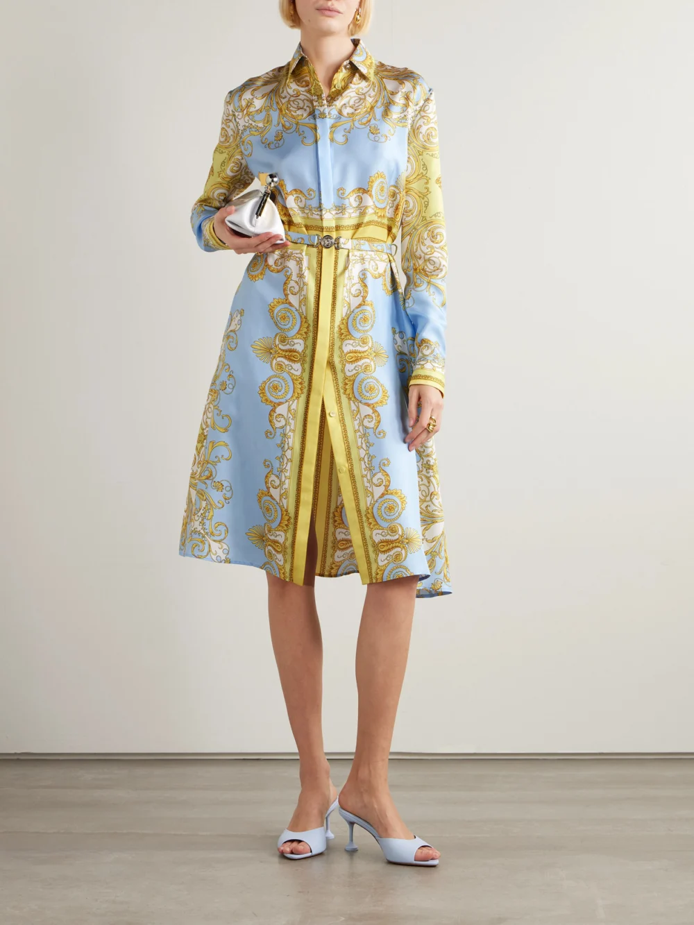 Versace Belted Printed Silk-twill Dress, worn by a model