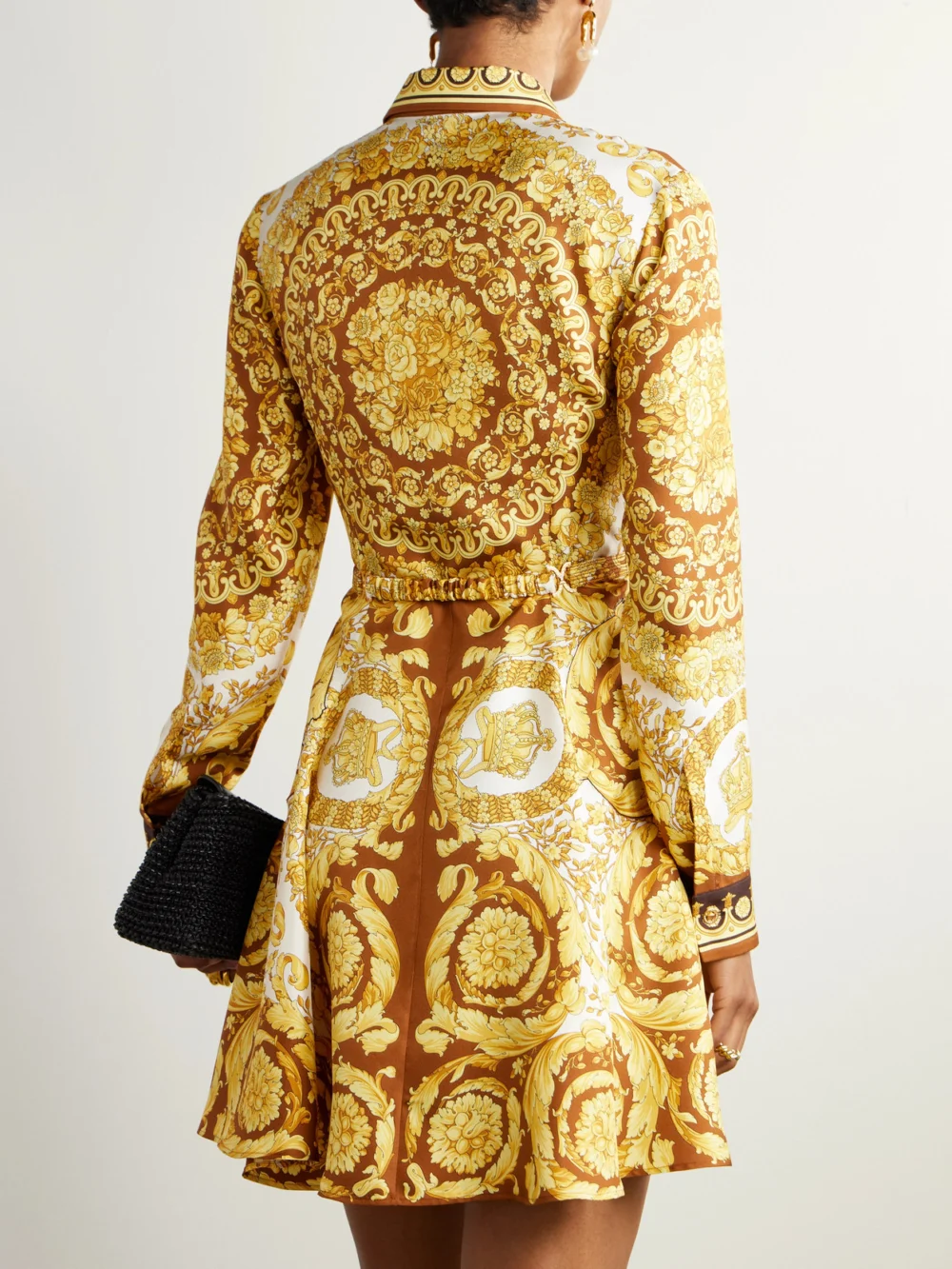 Back view of the Versace Belted Printed Silk-twill Mini Dress