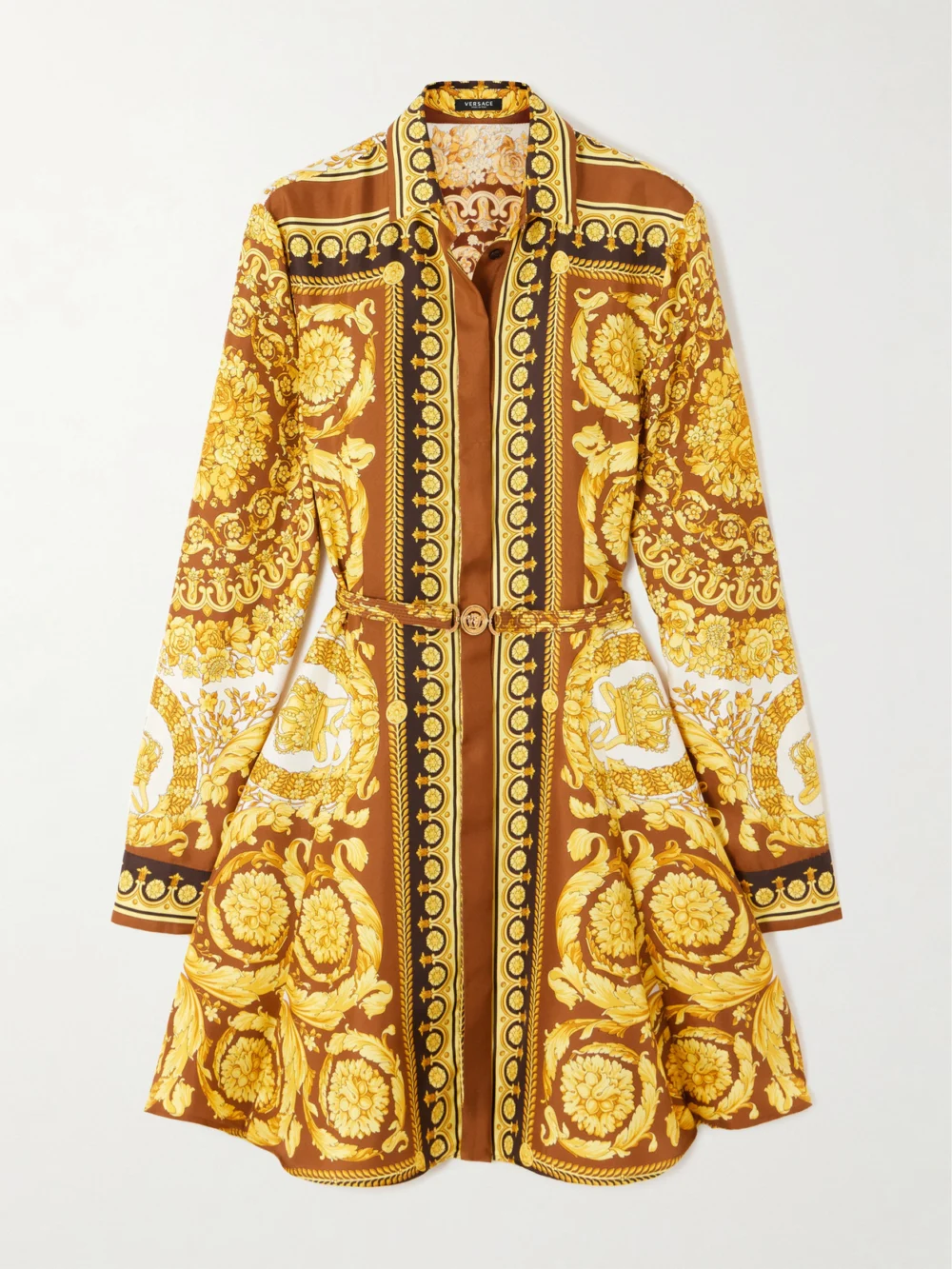 Versace Belted Printed Silk-twill Mini Dress in yellow