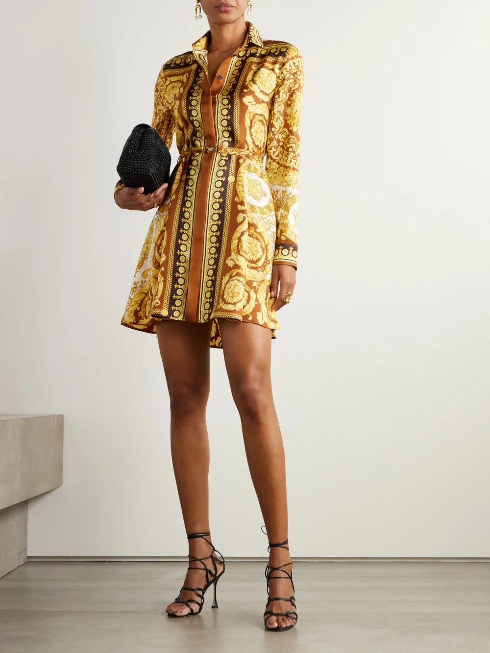 Versace Belted Printed Silk-twill Mini Dress, worn by a model