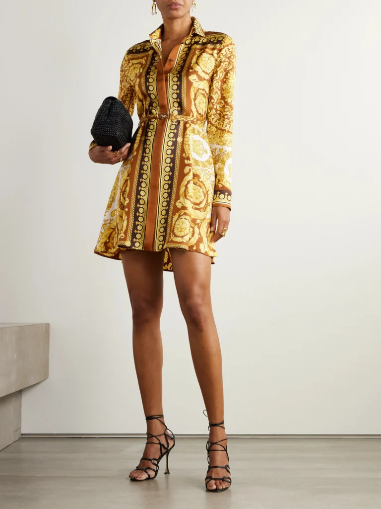 Versace Belted Printed Silk-twill Mini Dress