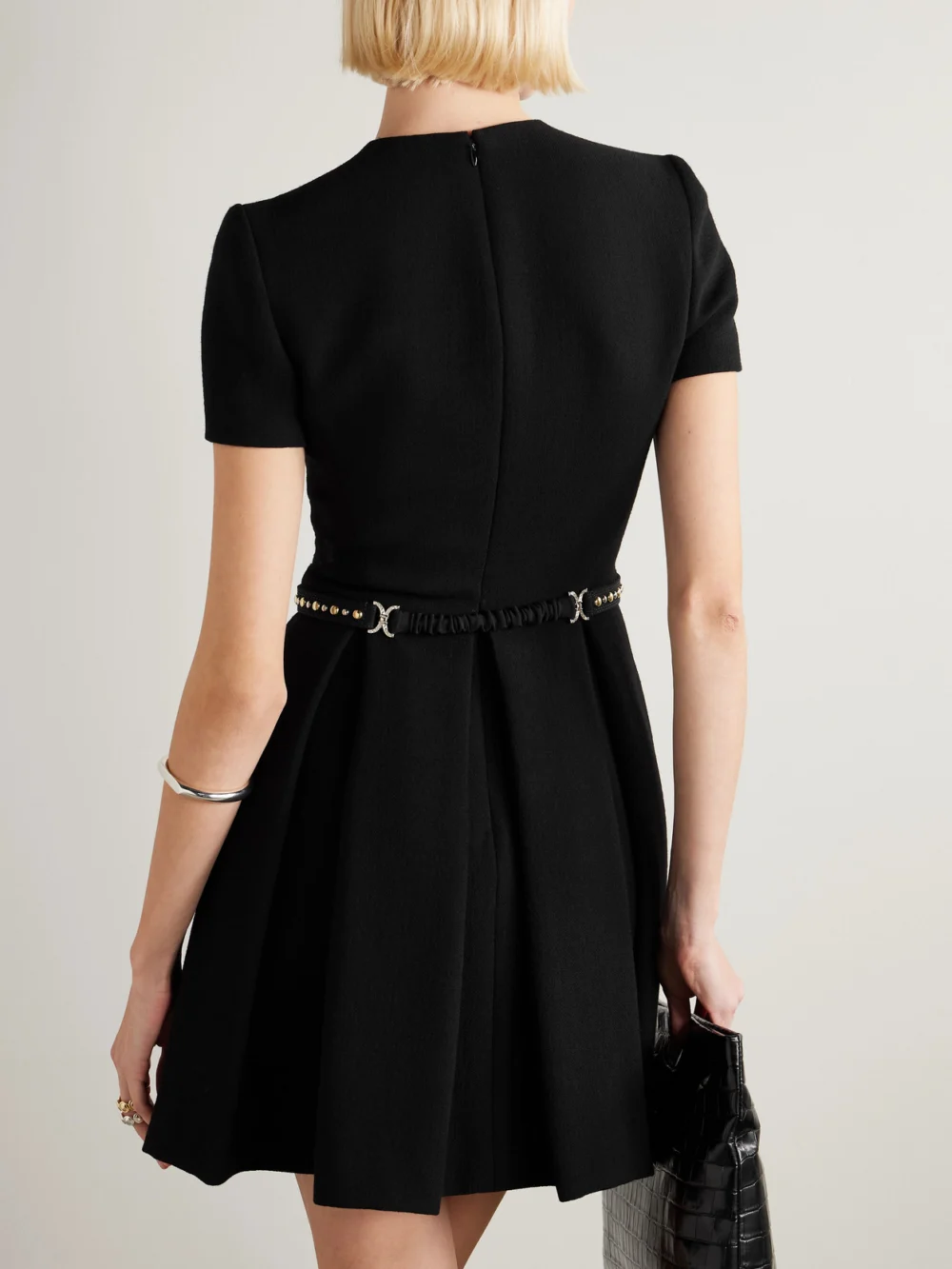 Back view of the Versace Belted Wool-crepe Mini Dress